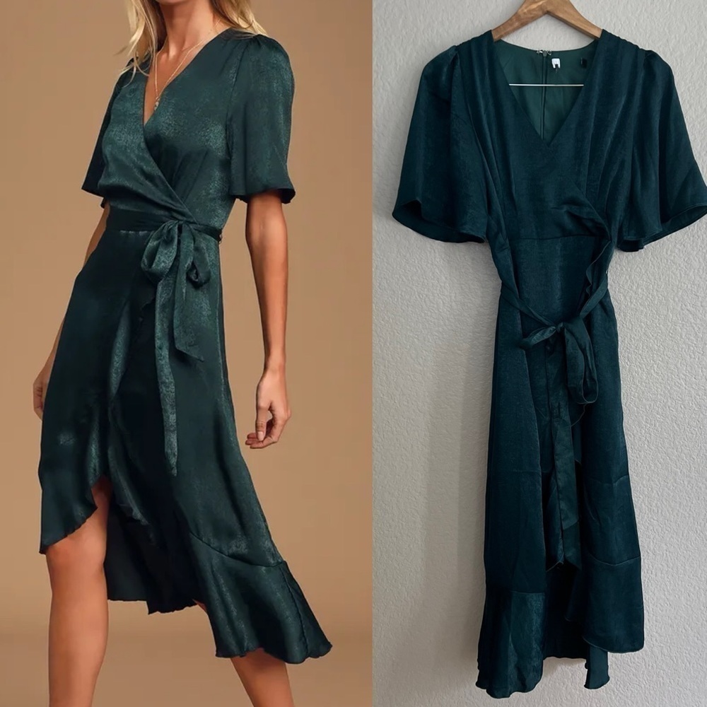 Love Dark Green Satin Faux-Wrap Midi Dress